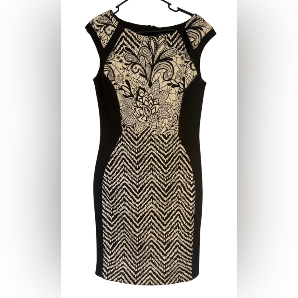 Alexa Elegant Black and Ivory Patterned Midi Pencil Slimming Dress sz8